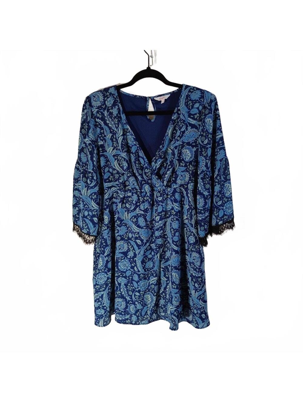 Candie's Blue Floral Print Dress with Lace Trim, Size XL